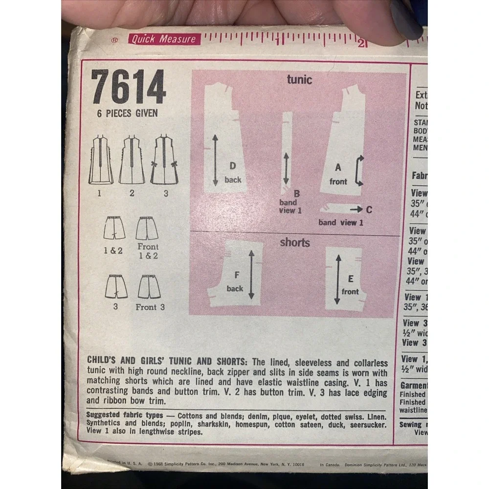 Vintage 1968 Simplicity 7614 Girls Tunic Shorts Sewing Pattern Size 12 Uncut